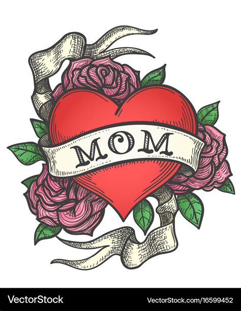 Tattoo heart in rose flowers with ribbon Vector Image