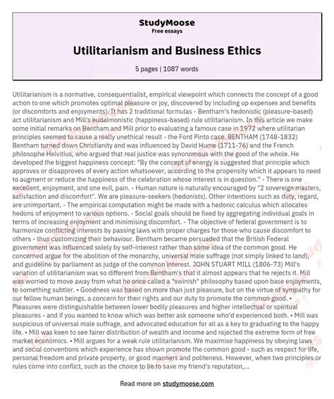 Utilitarianism and Business Ethics: Papers on Utilitarianism and Free Essay Example