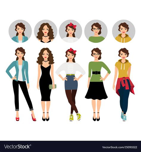 Female model in different style clothes Royalty Free Vector