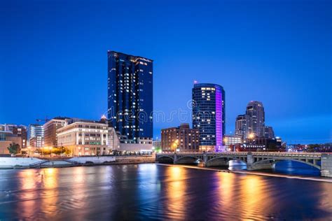 Grand Rapids, Michigan, USA Downtown Skyline on the Grand River Stock ...