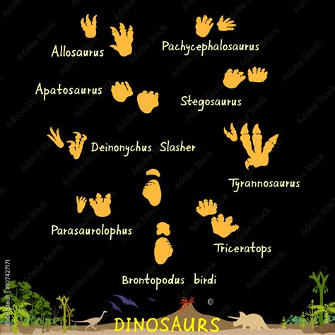 set of dinosaur fossil footprints in prehistoric landscape background ...