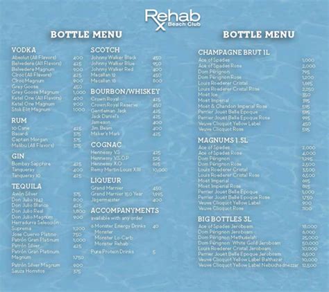 Rehab Las Vegas Drinks Menu Prices - Club Bookers