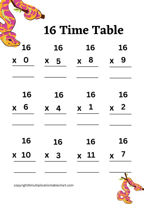 16 Times Table Worksheet [16 Multiplication Table] Free PDF