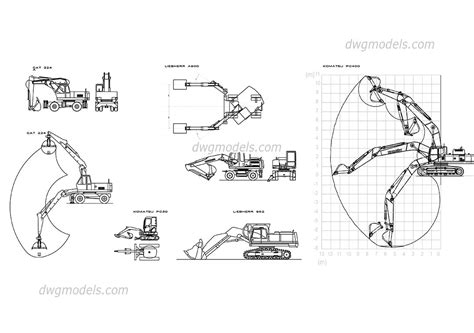 Excavators CAT Liebherr Komatsu DWG, free CAD Blocks download