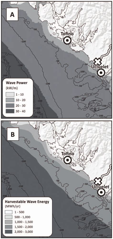 Potential wave power (kW m 21 ) (A) and harvested wave energy (MWh yr ...