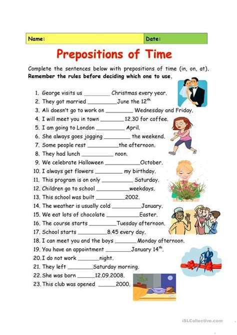 the prepositions of time worksheet with pictures and words on each page