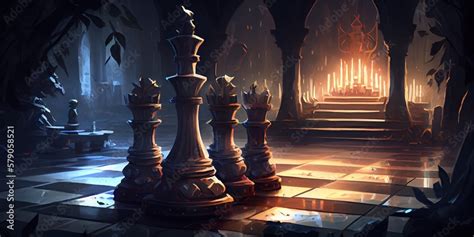 Сhessboard in a medieval castle. Epic chess game illustration. Chess game concept. Chess pieces ...