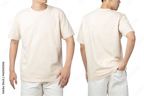 Young man in blank beige t-shirt mockup front and back used as design template, isolated on ...