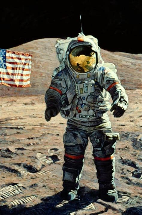 an astronaut standing on the moon next to an american flag