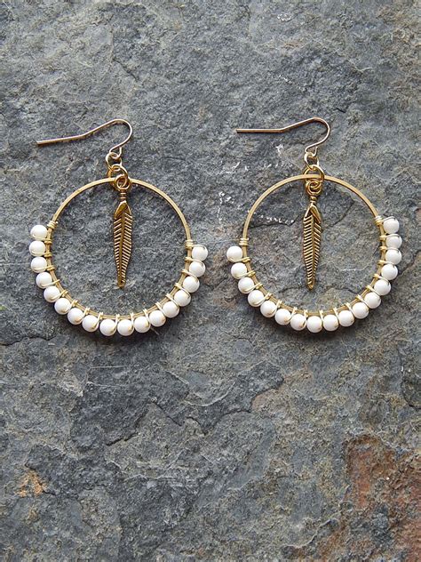 Beaded Hoop Earrings Wire Wrapped Hoops Gold Feather Earrings Boho Style Gypsy Hoops Pastel ...