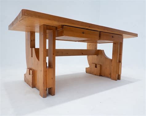 Mid Century Modern Desk with Drawers in Pine Wood | #220050