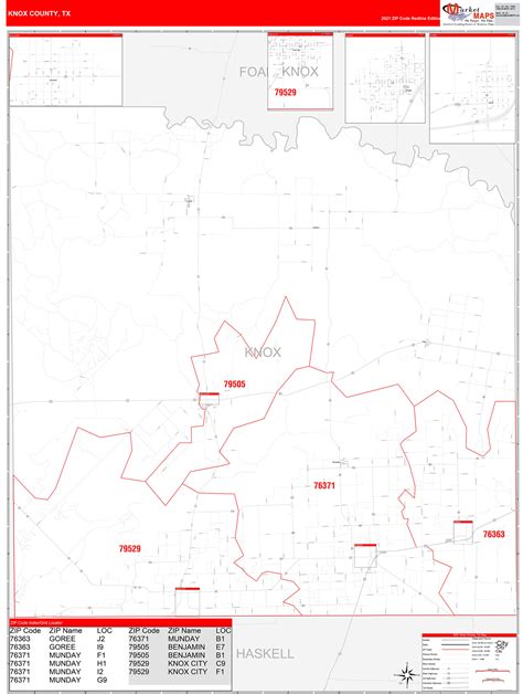 Knox County, TX Zip Code Wall Map Red Line Style by MarketMAPS