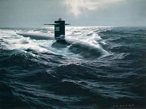 The USS Thresher (SSN-593) is shown underway in the North Atlantic, painting by Carl Evers : r ...