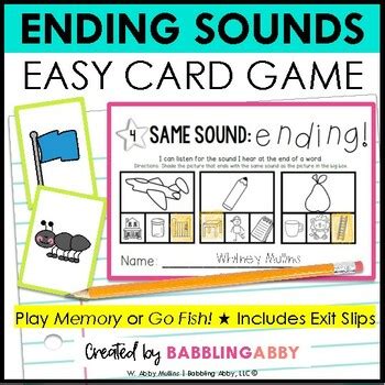 Ending Sounds ELA Card Game Literacy Centers Kindergarten by Babbling Abby