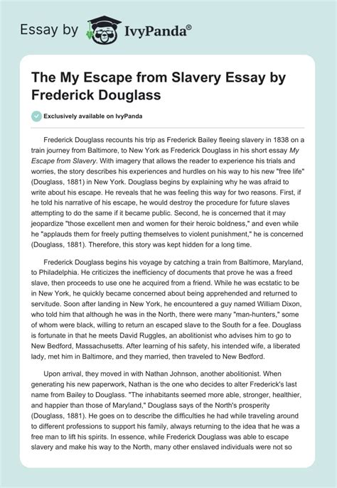 My Escape from Slavery Essay by Frederick Douglass - 431 Words | Critical Writing Example