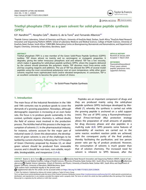 (PDF) Triethyl phosphate (TEP) as a green solvent for solid-phase peptide synthesis (SPPS)