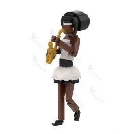 a lego figurine holding a saxophone and wearing a black and white striped dress