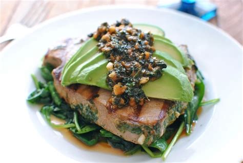 Grilled Citrus Tuna Steak with Avocado and Spinach - Bev Cooks