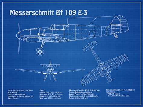 Messerschmitt Bf 109 E-3 - Airplane Blueprint. Drawing Plans for the ...