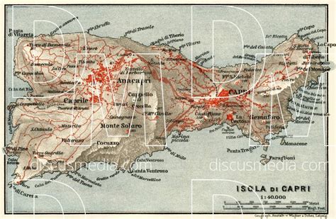 Old map of the Isle of Capri in 1929. Buy vintage map replica poster print or download picture