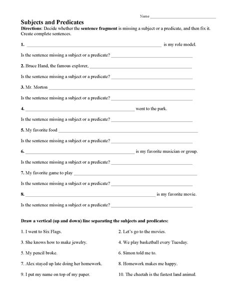 Subjects and Predicates Worksheet 1 | Sentence Structure Activity