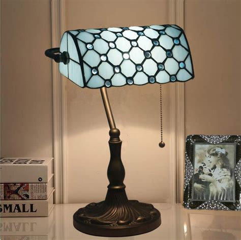 Tiffany Style Banker Blue Vintage Table Lamp Vitrail Bedside Room Art Desk Lamp with Zinc Alloy ...