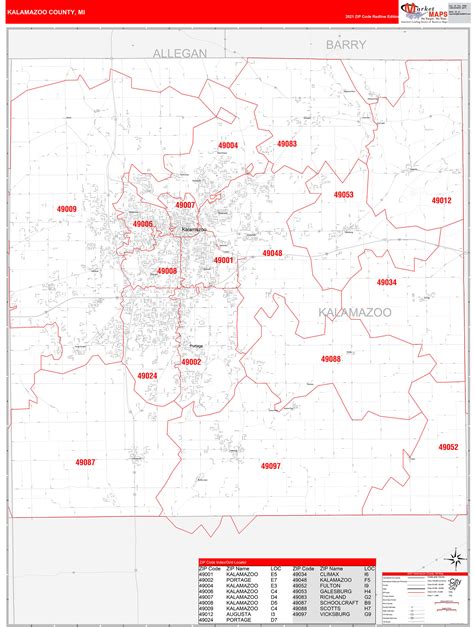 Kalamazoo County, MI Zip Code Wall Map Red Line Style by MarketMAPS ...