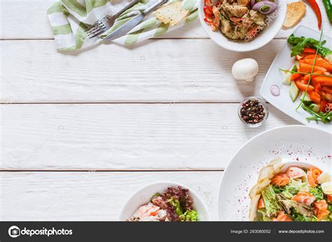 Food white table top view restaurant buffet plates — Stock Photo © golubovy #263080052