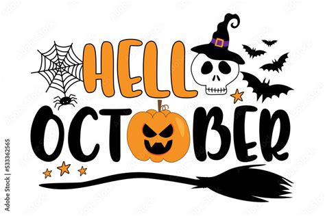 Hello October - Halloween typography design. Skull, spider and Jack O lantern and broom. Stock ...