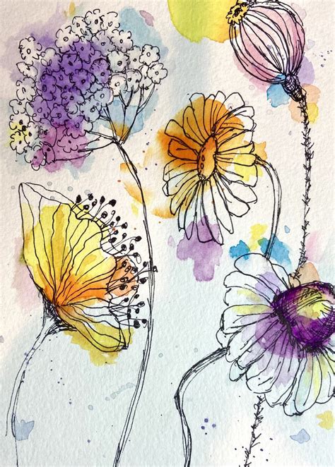 Doodle and watercolor flowers in 2023 | Flower sketches, Happy paintings, Watercolor and ink