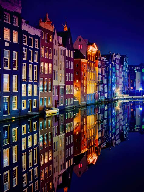 Amsterdam Wallpaper 4K, Night, Colorful, Buildings