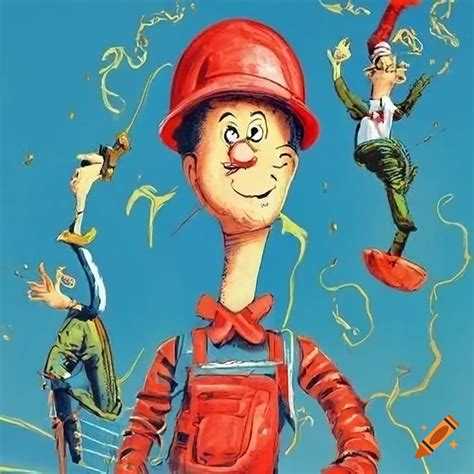 Colorful illustration of a smart guy in overalls and a hard hat on Craiyon