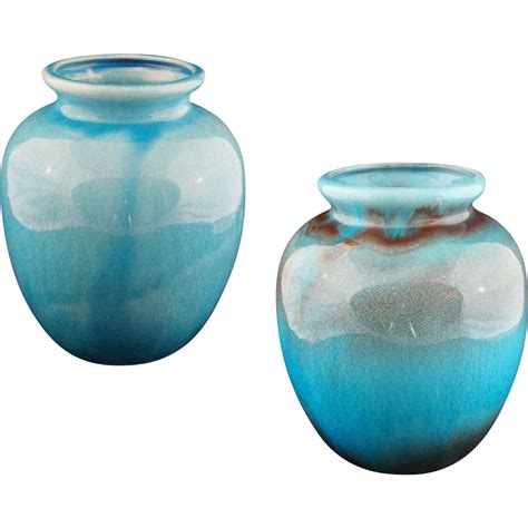 Pair 9.5" H Turquoise Colored Glazed Pottery Vases Jars - c. 20th from aa on Ruby Lane