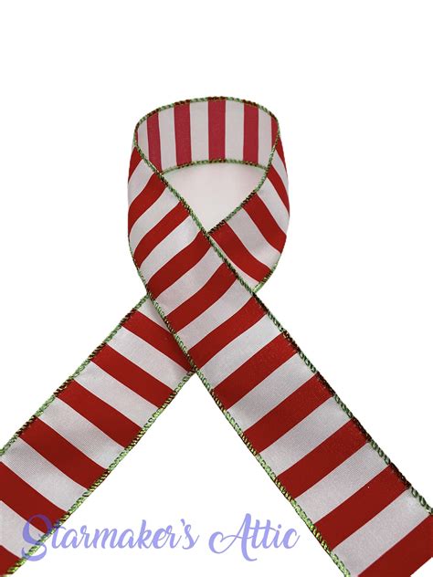 Beautiful 2.5 inch Red & White Striped Ribbon w/ Green | Etsy