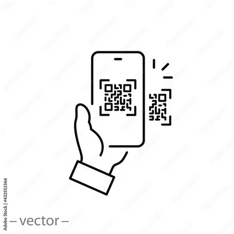 scan qr code icon, payment hand with phone, scanner app, thin line symbol on white background ...