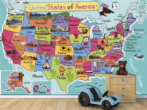 United States Map Mural Wallpaper Map Wall Decal Kids Room Wallpaper ...