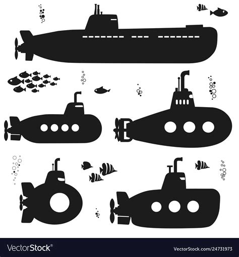 Silhouette submarine undersea boat with fishes Vector Image