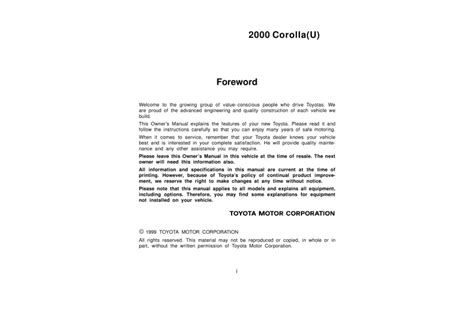 2000 Toyota Corolla owners manual free pdf