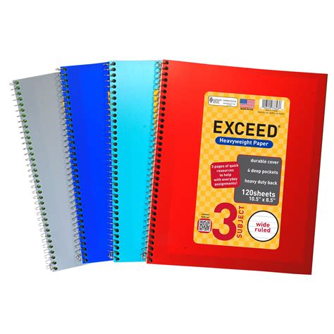 Exceed Spiral Notebook, Wide Ruled, 3 Subject, 120 Pages, 8.5" x 10.5", Color Choice Will Vary ...