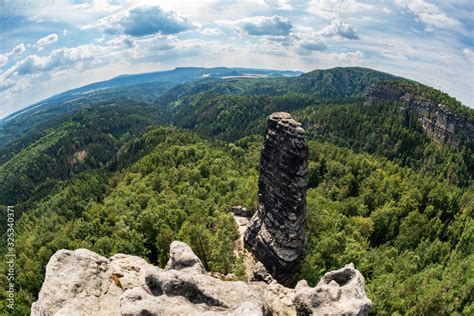 Pravcicka brana in Bohemian Switzerland. Prebischtor Gate mountain view. Narrow rock, largest ...