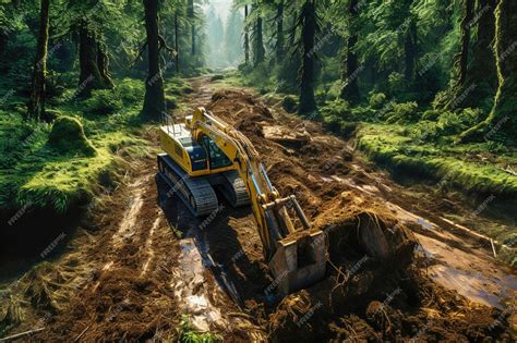 Premium Photo | Bulldozers digging a dirt road in a forest Global ...