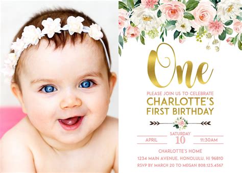 "Floral 1st Birthday Invitation with Photo, Girl First Birthday Invitation, Blush Pink & Gold ...