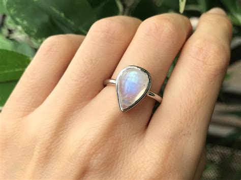 Teardrop Blue Large Moonstone Ring- Silver Pear Moonstone Ring- Simple Smooth Moonstone Ring ...