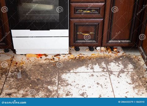 Dirty Kitchen Floor. Very Dirty Light Tile Floor in the Kitchen Stock ...