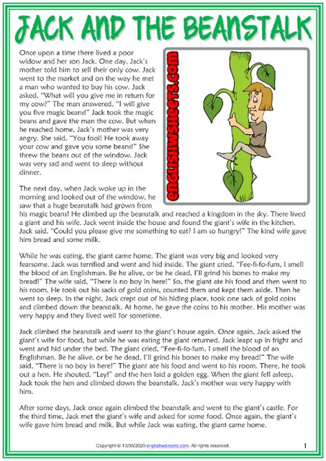 Jack and the Beanstalk ESL Reading Text Worksheet For Kids