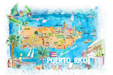 Puerto Rico Illustrated Caribbean Travel Map with Highlights | Etsy