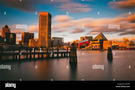 Evening long exposure of the Baltimore Inner Harbor Skyline, Maryland Stock Photo - Alamy