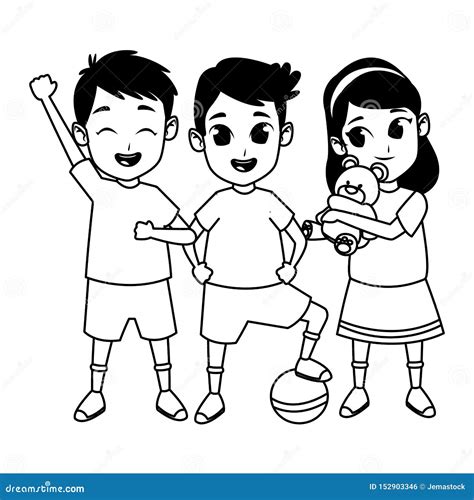 Kids Friends Playing and Smiling Cartoons in Black and White Stock ...