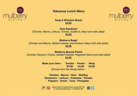 Menu at Mulberry Bistro restaurant, Armagh