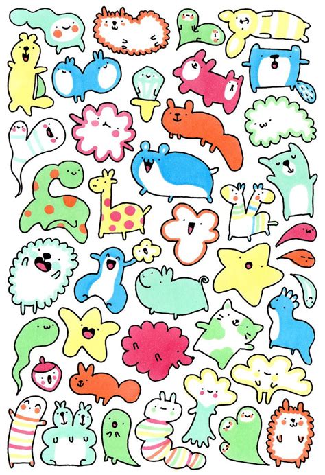 Kawaii Doodles - these would be fun to draw with black ink then color ...